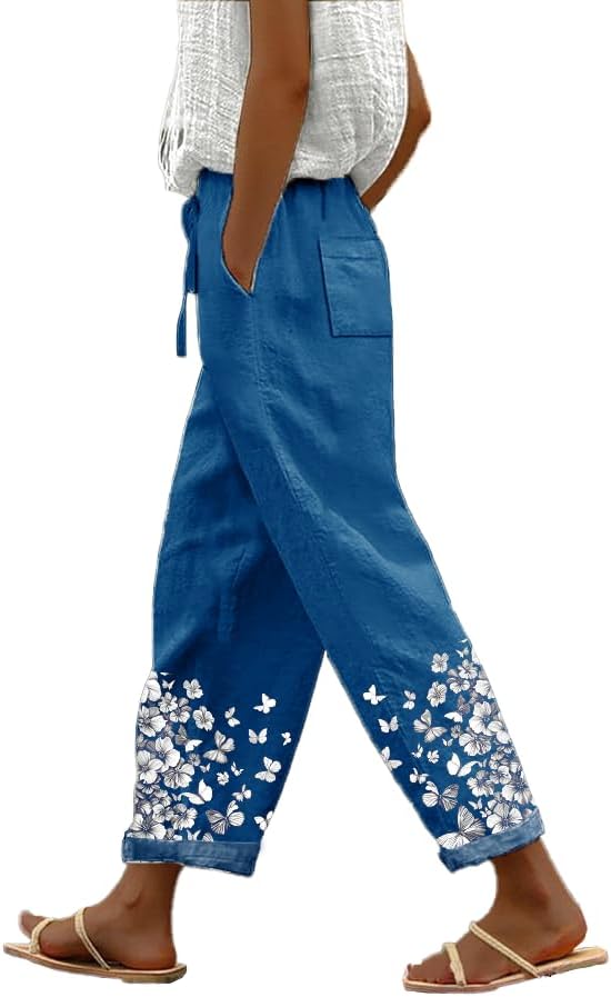 Linen Boho Pants for Women Butterfly Print Loose Casual Pants with Pockets Comfy Elastic Waist Lightweight Trousers