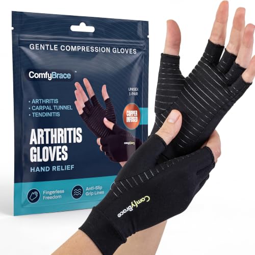 ComfyBrace Copper Arthritis Gloves, Hand Compression Gloves for Women & Men | Fingerless Compression Gloves for Swelling, Carpal Tunnel, Trigger Finger, Tendonitis and Rheumatoid Arthritis Pain Relief