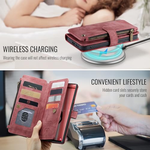 Lxisxcna Wallet Case Compatibility with Samsung Galaxy S25 Ultra with Card Holder Kickstand Magnetic Zipper Pocket Lanyard Strap Wristlet,Leather Flip Case Wallet for Galaxy S25 Ultra 6.9 Inch (Red) by Lxisxcna - Image 6
