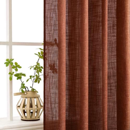 MIULEE Burnt Orange Linen Curtains 54 Inch Length 2 Panels for Bedroom Living Room, Soft Thick Linen Textured Short Window Drapes Semi Sheer Light Filtering Back Tab Burlap Look Fall Decorations