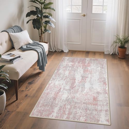 Image of BEIMO Area Rugs 3x5 for Living Room Bedroom, Modern Abstract Machine Washable Rug, Soft Low Pile Floor Carpet with Non Slip Backing for Entryway, Pink /Grey