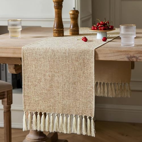 ZeeMart Beige Table Runners 108 Inches Long, Burlap Linen Style Rustic Farmhouse Table Runner, Long Boho Dining Table Runner, 13x108 Inches, Oatmeal Beige by ZeeMart - Used condition - US$16.87