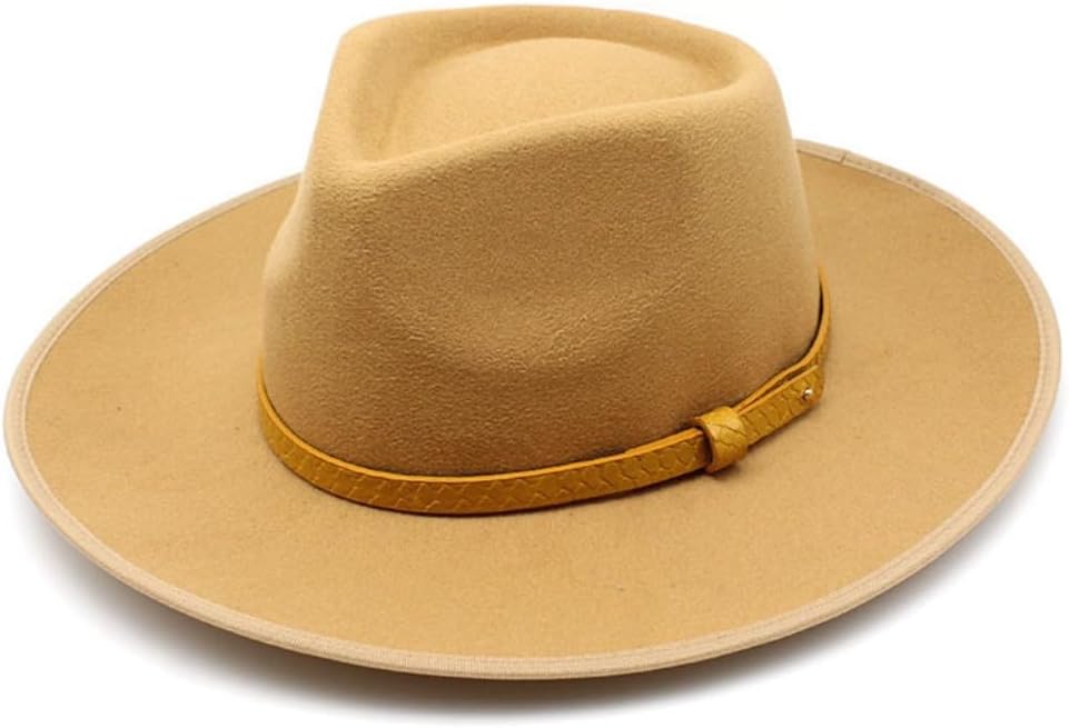 Wide Brim Wool Fedora Hat with Tan Leather Band, Cream White
