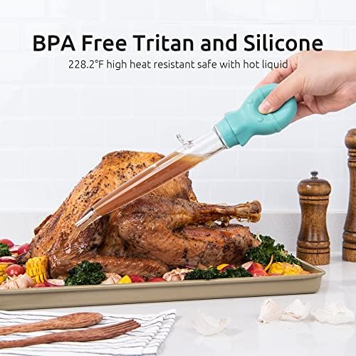 U-Taste Large Angled Turkey Baster: 109 Heat Resistant Food Grade Tritan Meat Fat Pipette with Silicone Octopus Bulb and Cleaning Brush for Chicken Cooking Roasting Basting (1.5oz, Aqua Sky)