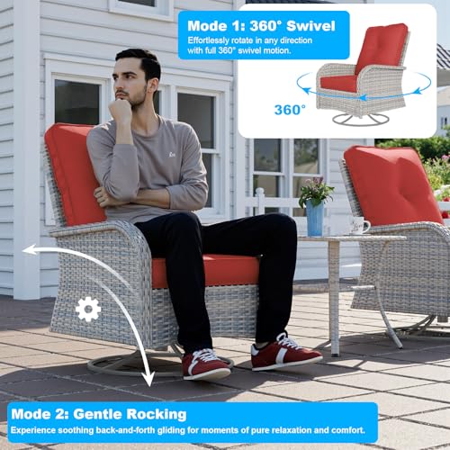 Image of 12-Piece Small Patio Furniture Set, Outdoor Swivel Rocking Chairs Set with 55,000 BTU Fire Pit Table Wicker Chairs and Ottomans, Patio Bistro Set for Balcony, Deck, Porch, Red