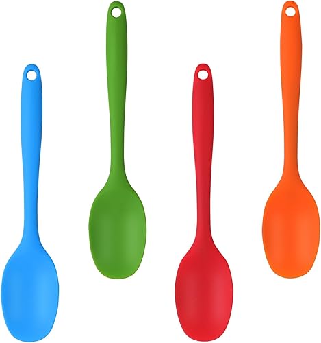 KUSCOR 4 cucharas de silicona para mezclar, 8.3 pulgadas8.3 in, cuchara de silicona antiadherente resistente al calor, diseño de una pieza, cuchara