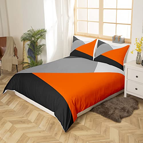 Orange And Gray Duvet Cover Queen Patchwork Geometric Triangle Bedding Set Orange Black Light Grey Comforter Cover For Kids Adults Modern Simple Abstract Geometry Bed Set With Zipper 2 Pillow Cases #TOP2