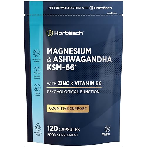 Ashwagandha KSM 66 Magnesium | 1090mg Complex with Zinc & Vitamin B6 | High Strength Ashwagandha Root Supplement | 120 Vegan Capsules | Horbaach