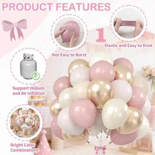 Image of Dusty Pink and Gold Balloons, 60PCS Double Stuffed Pearl White Blush Pink Balloon, 12 Inch Apricot Champagne Gold Balloons Helium for Women Girls Boho Birthday Wedding Bridal Shower Party Decorations