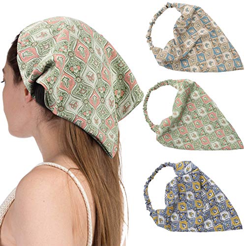 Floral Head Kerchief Hair Scarf - 3PCS Chiffon Hair Bandanas Print Floral Hair Scarf Headband with Hair Clip Kerchief Head Scarf Bandana for Women (Paisley(Blue/Green/Navy))