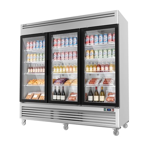 Coolski 82" W 3-Door Commercial Beverage Refrigerator, 78.2 Cu.ft Glass Door Display Cooler Fridge, Stainless Steel Merchandiser for Restaurants, Shops & Stores, DOE ETL Certified