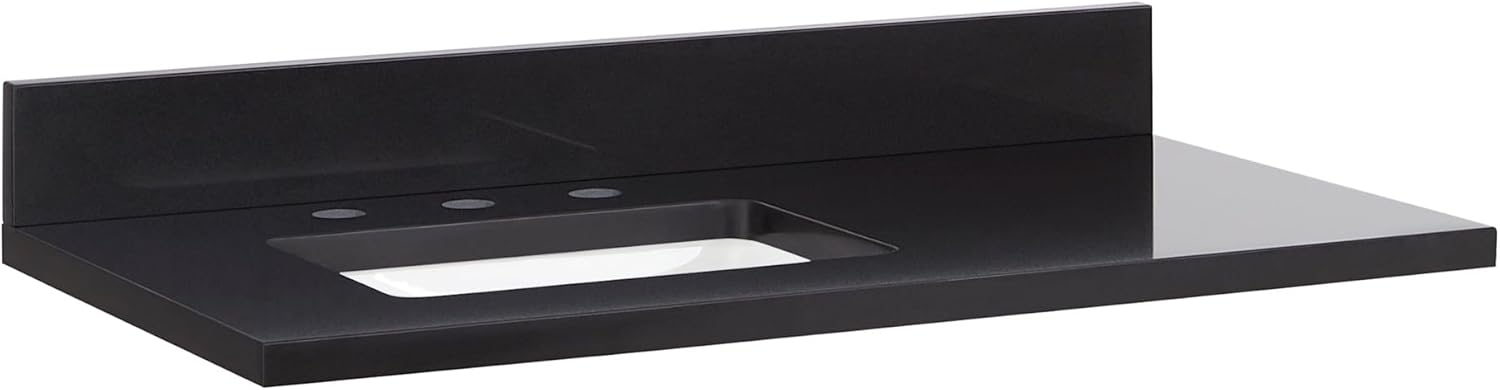 Signature Hardware 559049 37" Quartz Left Offset Vanity Top with Rectangular Undermount Sink and Backsplash - 8" Widespread Drillings - Carbon Black