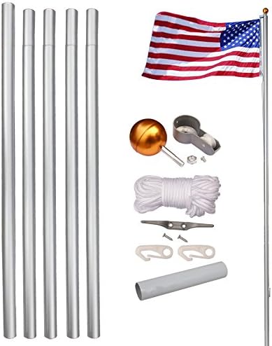 LEMY Flag Pole Aluminum Sectional Flagpole Kit Outdoor Halyard Pole W/ 3'x5' US Flag,Top Ball,In-Ground Pole and Hardware (16ft)