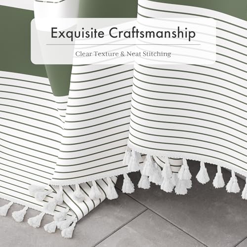Image of AmazerBath Boho Shower Curtain Set, Rustic Faux Linen Sage Green Striped Shower Curtain with Hooks, Modern Farmhouse Shower Curtain with Tassels, White Base Toned, 72x72 Inches