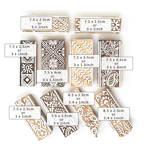 Image of Hashcart Wooden Stamp Block, Printing Stamp Design Set | Block for Printing Saree Border | Dresses, Craft Card Making, Scrapbook, Clay Pottery | Set of 10