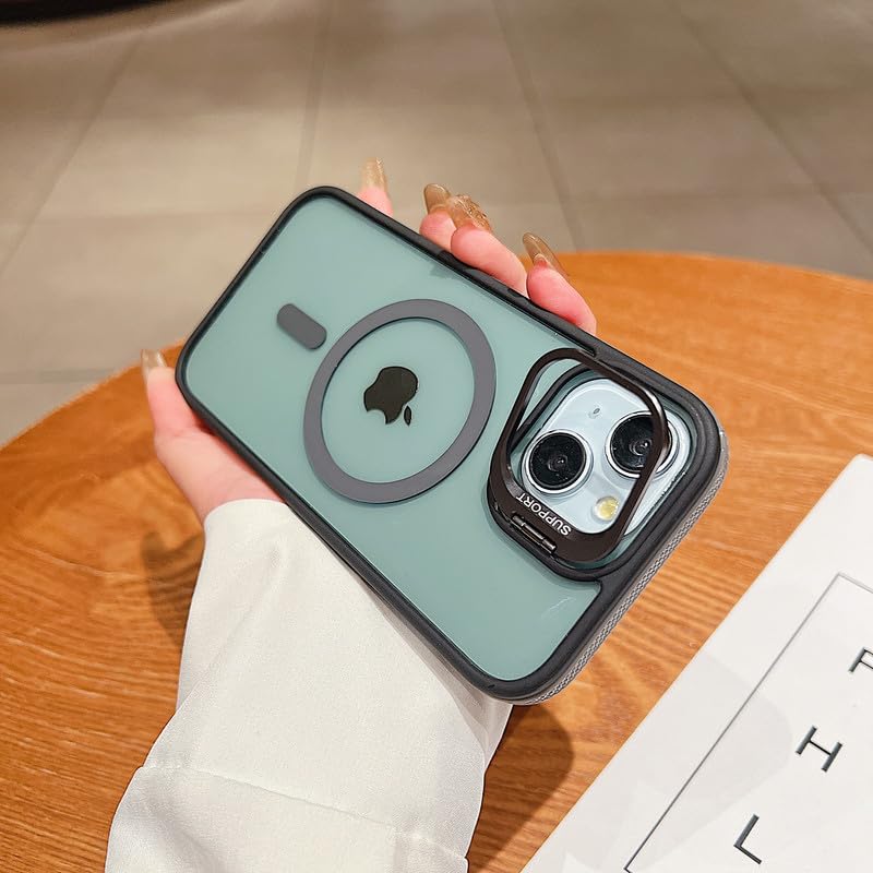 Image of LuxuryKase Smoked Clear MagSafe Case for iPhone 15 Plus | Metal Camera Guard Kickstand | Rugged Grip Edge | Hard PC Back + Soft TPU | Wireless Charging Support - Grey