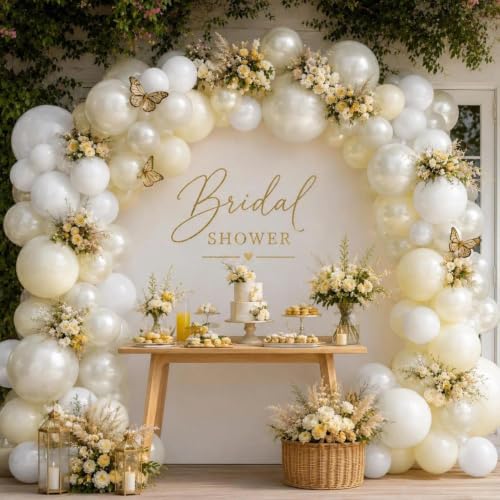 Image of White Balloon Arch Kit Double Stuffed Ivory Beige Balloons Blush Cream White Pearl Balloon Garland for Baby Shower Birthday Bridal Shower Wedding Bachelorette Anniversary Party Decor