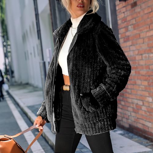 Women's Fleece Jacket Women Full Zip Long Sleeve Lapel Collar Sherpa Coat Outerwear with Pockets (S-5XL)3