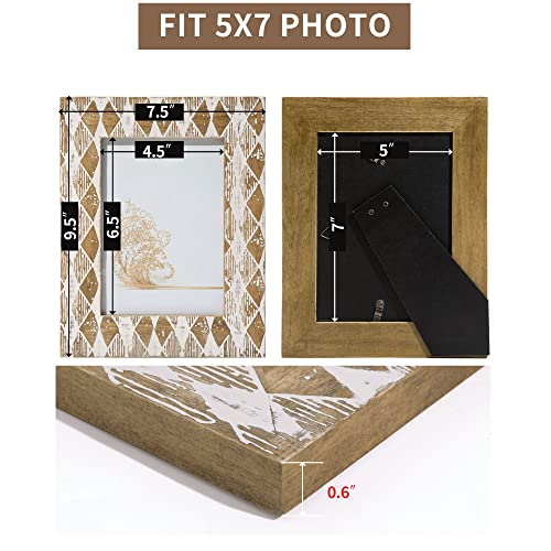 Mazjoaru Picture Frames Boho Solid Wood 5X7 Photo Frame Fathers Day Gifts Rustic Natural Wooden White Finish Geometric Carved, Farmhouse Decor Desk Or Wall, Christmas Gift For Family, Real Glass Cover, 2 Pack #TOP5