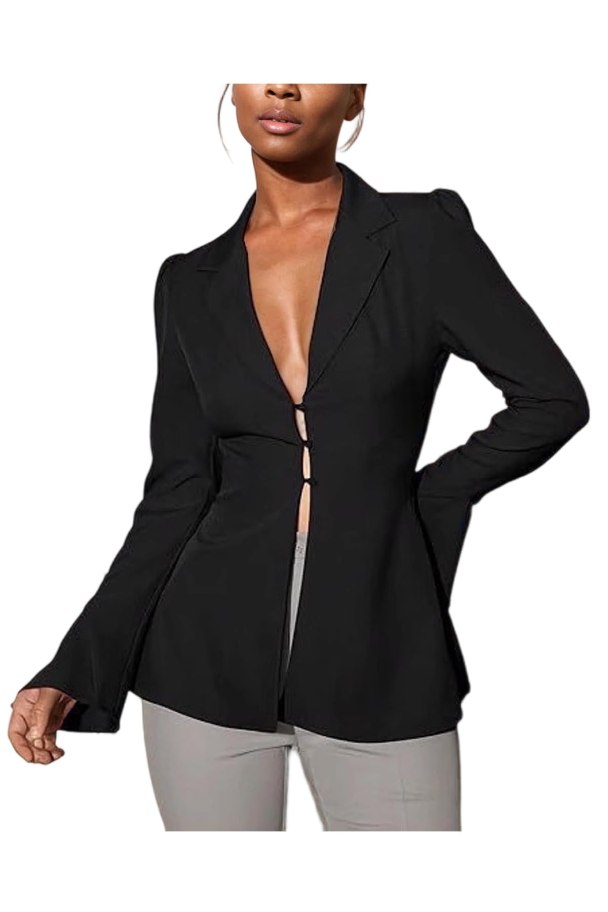 LETSVDO Womens Elegant Blazers Lapel Neck Ruffle Long Sleeve Business Blouse Deep V Neck Bell Sleeve Office Suit