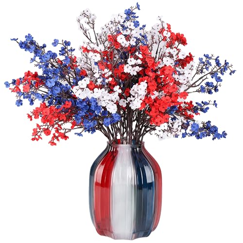 4th of July Red White and Blue Decorations Flowers 12 Bundle Artificial Babys Breath Fake Silk Patriotic Flowers for Independence Day Americana Home Decor Floral Indoor Arrangement Table Centerpieces