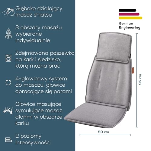 Beurer MG 330 Shiatsu Nakładka do masażu, 3 strefy masażu i 2 intensywności, głęboko działający masaż karku, górnej i dolnej części pleców, masaż symulujący ręce, szary