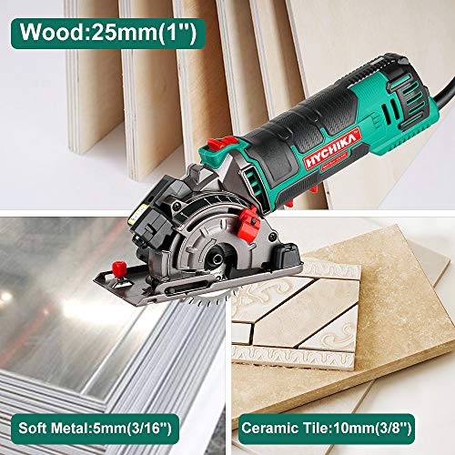 Mini Circular Saw, HYCHIKA Compact Circular Saw Tile Saw with 3 Saw Blades 4A Pure Copper Motor, 3-3/8”4500R   PM Ideal for Wood, Soft Metal, Tile and Plastic Cuts, Laser Guide, Scale Ruler