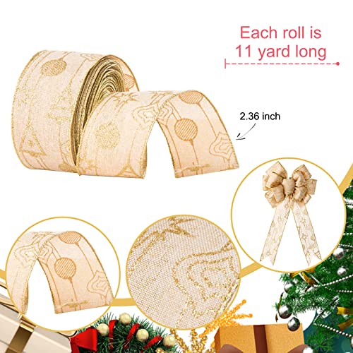 Gold Christmas Tree Topper,Topper Bow,13X34Inch With Glitter Satin Mesh Streamer,And A Rolls 11 Yards Christmas Linen Fabric Craft Ribbon,Xmas Treetop Hanging Decorations & Gift #TOP5