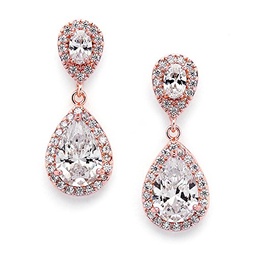 Mariell Dainty 14K Rose Gold Cubic Zirconia Halo Teardrop Pear-Shaped Dangle Earrings - Bridals & Formals