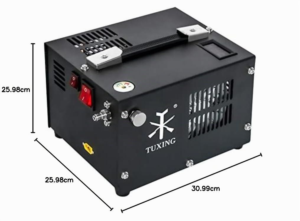 Compresor de aire TUXING Pcp, 4500 Psi 30 Mpa, sin aceite/agua, alimentado por coche 12 V CC o hogar 110 V CA con adaptador (incluido), bomba para rifles de aire PCP y pistolas de aire (TXES061)