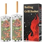 Rolling Grill Basket, Removable Wooden Handle, 304 Stainless Steel, Nesting BBQ Tools for Vegetable, Outdoor Smoker Camping Accessories, Father's Day Gifts Birthday Gift for Men Dad Husband