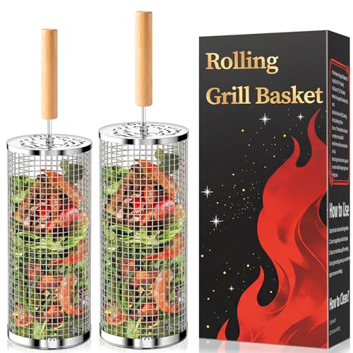 Rolling Grill Basket, Fathers Day Gifts for Dad Husband, Removable Wooden Handle, 304 Stainless Steel, Nesting BBQ Tools for Vegetable, Outdoor Smoker Camping Accessories, Grill Gift for Men Birthday