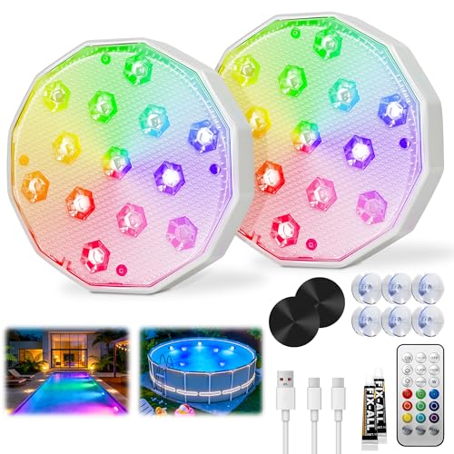 Ollny Lampe de piscine Magnétique, 2 Lumiere LED RGB Submersibles Rechargeables, Éclairage Flottant pour Piscine, avec Télécommande, Étanches IP67, Lampe Piscine...