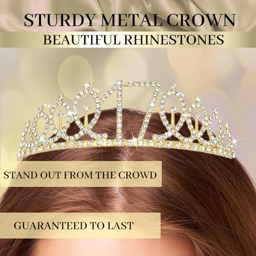 Image of Trgowaul 17th Birthday Decorations for Girls, Happy Birthday Banner, Sash and Crown, 17 Number Balloon, Fringe Curtains, Champagne Gold 17-Year-Old Old Party Supplies