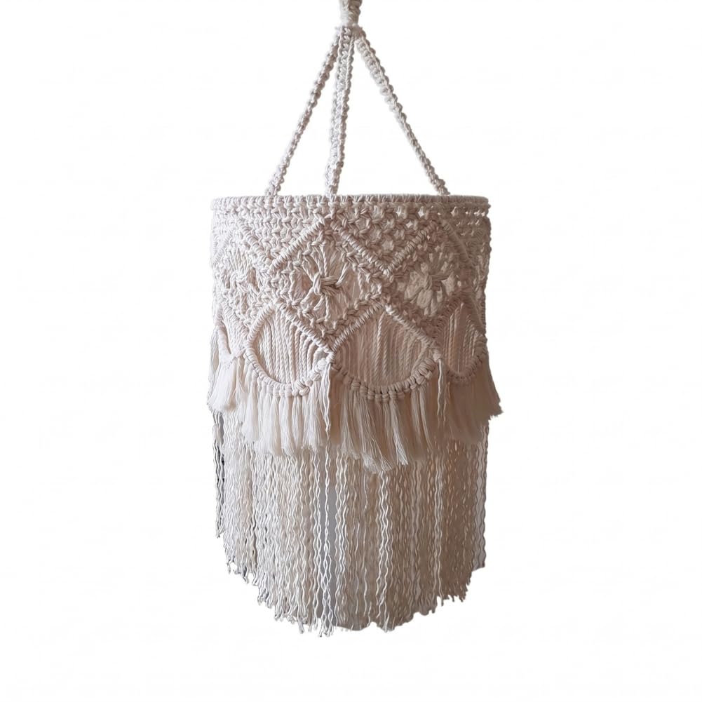 Boho Lamp Shade, Handwoven Macrame Boho Lamp Shade - Natural Fiber Hanging Light Cover with Tassels for Bedroom, Dorm Decor, Style-1 ;1