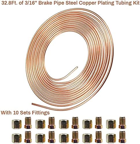 AnvFlik Brake Pipe copper coated steel Tubing 32.8Ft. of 3/16" Automotive Replacement Brake Lines Kit with 20 Nuts Fittings
