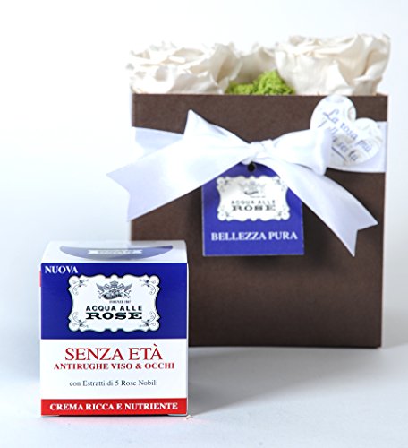 Box 5 Rose Vere Stabilizzate Bianche + Acqua alle Rose, Crema Antirughe Viso e Occhi 50 ml