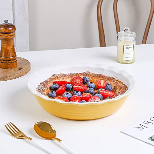 Koov Ceramic Pie Pan, 10 Inches Pie Dish, Pie Plate For Dessert Kitchen, Round Baking Dish For Dinner, Wave Series (Yellow) #TOP4