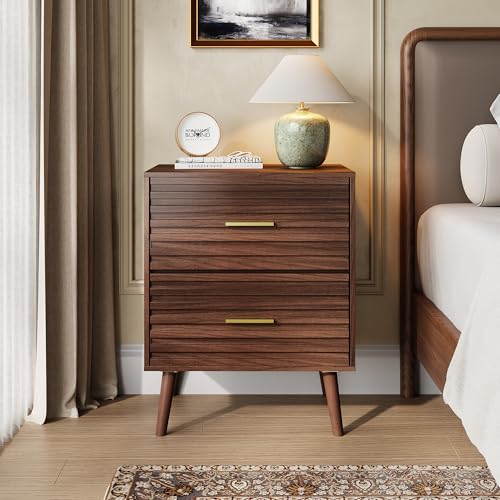 Image of WLIVE Nightstands Set of 2, Mid Century Modern Bedside Tables with Fluted Drawers, Walnut Wood End Table with Storage for Bedroom, Accent Furniture