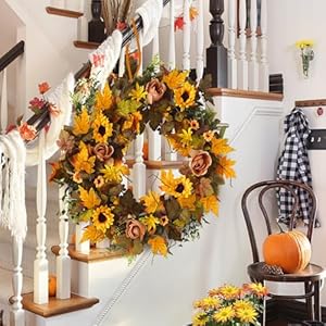 Large Fall Wreath 28 inch Fake Fall Maple Leaves Wreaths with Sunflowers Berries Fall Flower Wreath Decor for Front Door Outside Home Wall Porch Thanksgiving Halloween Party