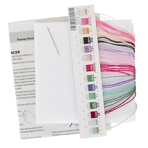 Image of Dimensions 70-65232 Teacup House Counted Cross Stitch Kit for Beginners, 6 inch x 6 inch 14 Cnt. White Aida, 4 Pieces