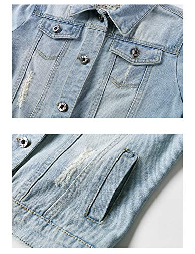 Omoone Women's 3/4 Sleeve Cropped Slim Distressed Denim Trucker Jacket Shrug Top（01 Blue-S） #TOP3