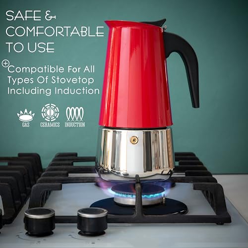 Image of Mixpresso 6 Cup Greca Moka Pot Red Stainless Steel Stovetop Espresso Maker
