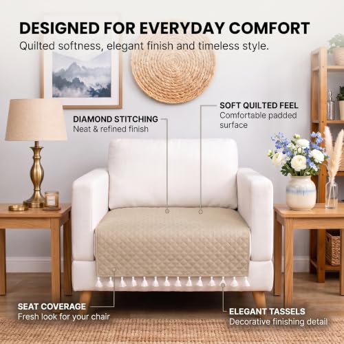 Image of BSB HOME 300 TC Premium Sofa Cover, Quilted Sofa Seat Cover with Decorative Tassels, Soft Comfortable Couch Protector, Stylish Furniture Cover for Living Room, 30 x 24 Inches (76 x 61cm) - Warm Beige