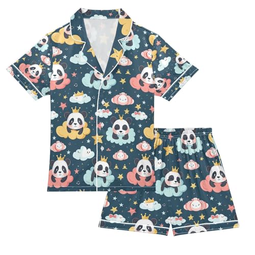 senya Panda on Cloud 1 Satin Summer Pajama Sets Silk Short Sleeve Button Down Sleepwear
