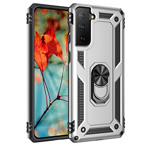 yanzi Compatible with SamSung Galaxy S21 FE Phone Case(2021)+3D Tempered Glass[Military-Shockproof]-[Kickstand] Bumper TPU Silicone Protection Smartphone Cover for Galaxy S21 FE-Silver