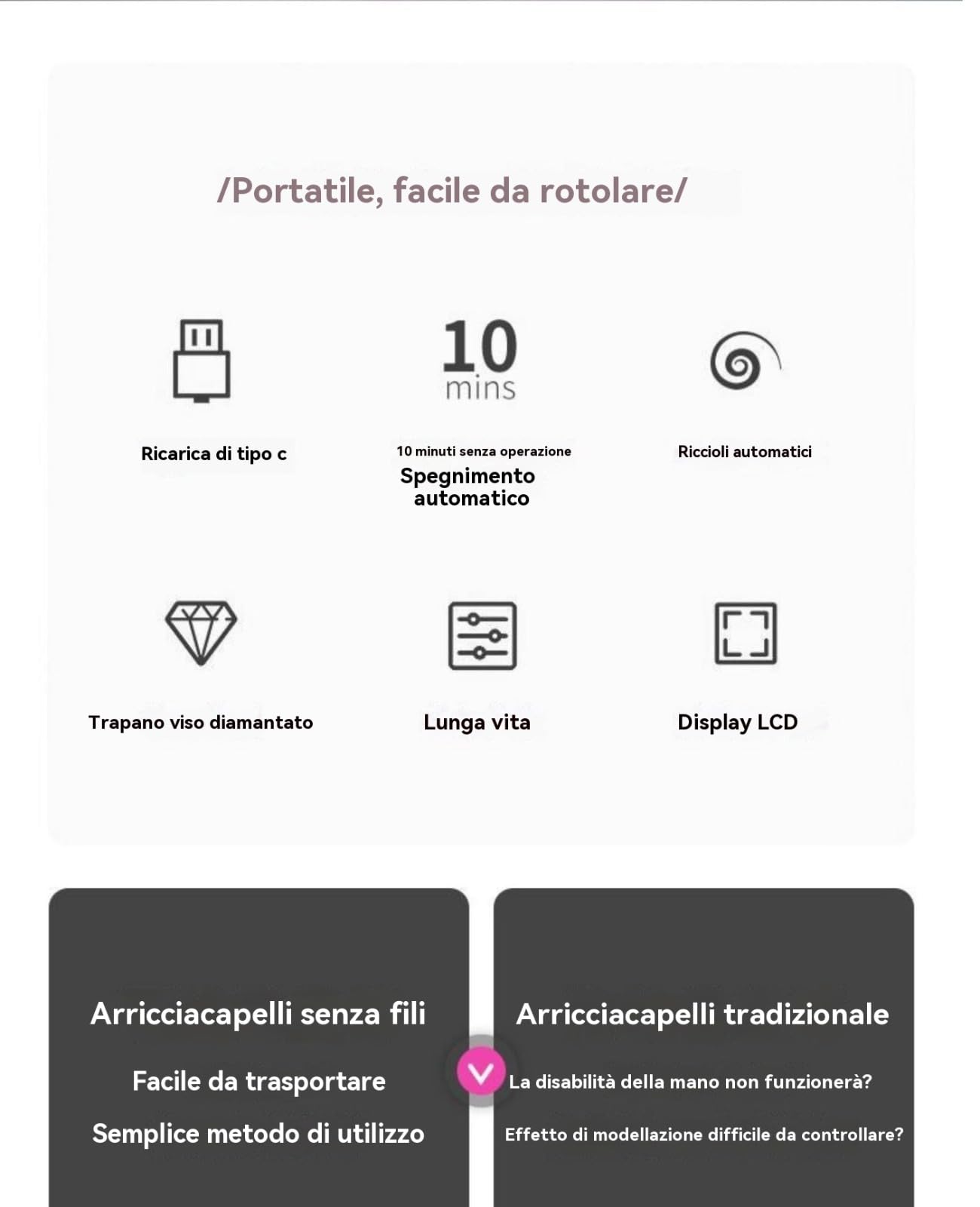 Mini rizador Rizador de pelo recargable inalámbrico Plancha corrugada automática Rizador de pelo automático que libera las manos Control de temperatura de 6 velocidades
