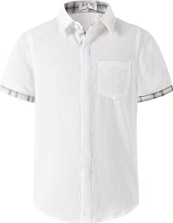 Boy's Cotton Casual Short Sleeve Button Down Shirt Plaid Collar Linen Dress Shirts for Beach Summer Wedding Shirt