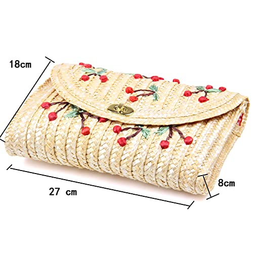 EVEOUT Stroh Clutch Umhängetasche Damen Obst Banane Kirsche Muster Mode Schultertaschen Strand Geldbörse Sommer