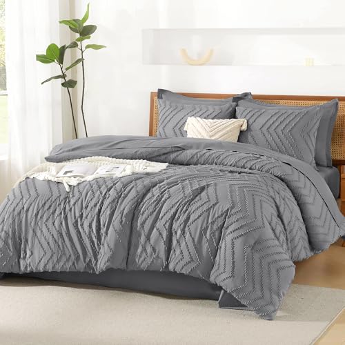 Image of Litanika Queen Size Comforter Set with Sheets Medium Gray - 7 Pieces Bed in a Bag Queen Chevron Tufted Complete Bedding Sets with Comforter, Sheets, Pillowcases & Shams